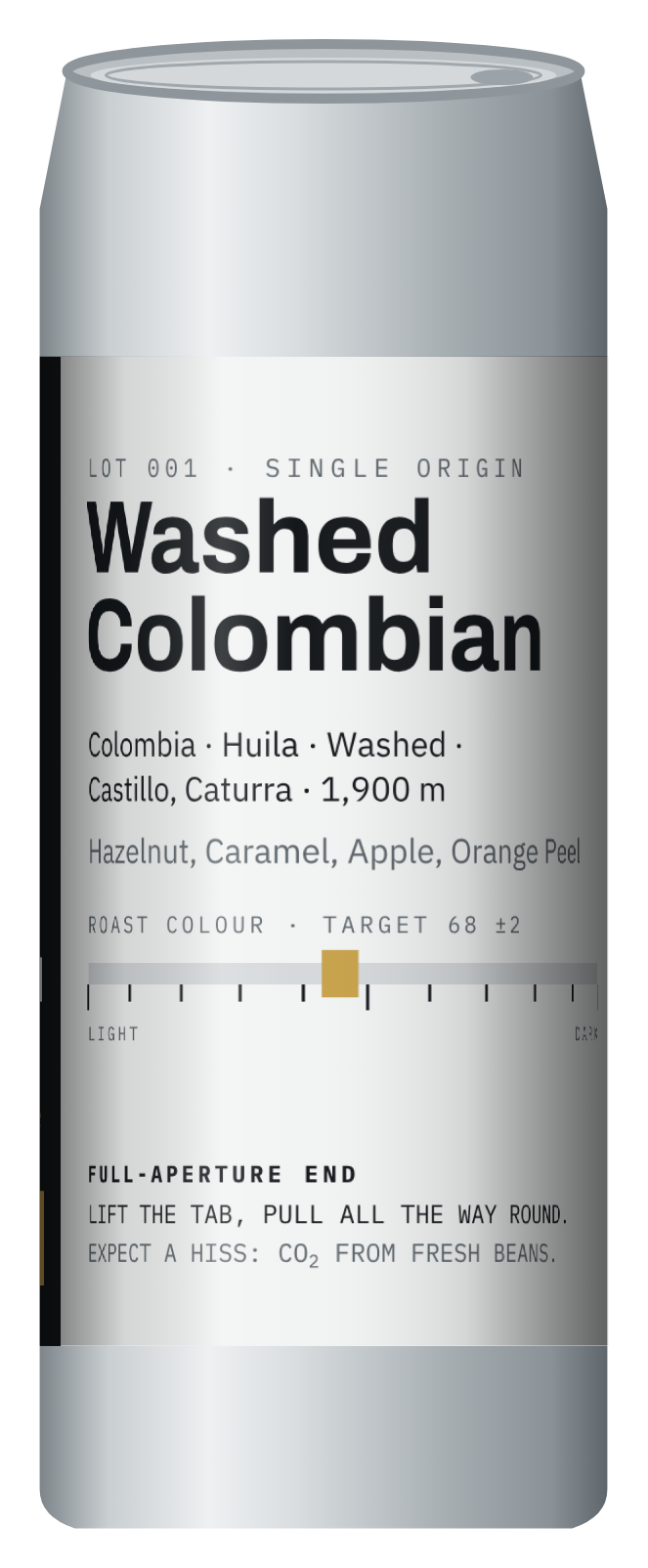 Concept render of a Double Seam 500 ml aluminium can with the Lot 001 Washed Colombian label